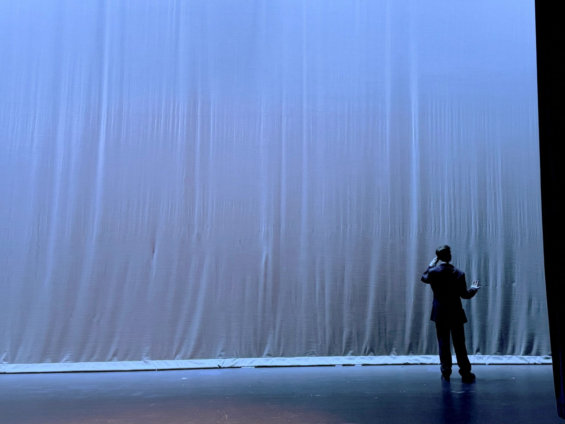 Van Freeman in silhouette before a blue stage curtain